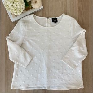 White 3/4 sleeve blouse with raised polka dots
